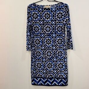 Michael Kors size Small blue patterned 3/4 sleeve dress 95% polyester 5%spandex